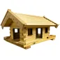 Preview: vogelhaus-middel-langen-holzschindeln-dunkelbraun-gebeizte-türen-fensterzargen-boden-mit-zaun Preview: vogelhaus-middel-langen-holzschindeln-dunkelbraun-gebeizte-türen-fensterzargen-boden-mit-zaun