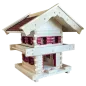 Preview: Rustikale zweistöckige Vogelvilla im Blockhaus-Stil aus hellem Fichtenholz mit rotem Schindeldach und dekorativen Fensterläden