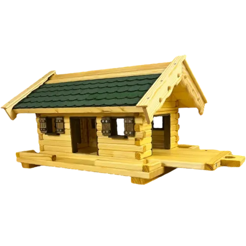 vogelhaus-middel-gruene-bitumenschindeln-dunkelbraun-gebeizte-türen-fensterzargen-fensterlaeden-ausziehboden-boden-mit-zaun