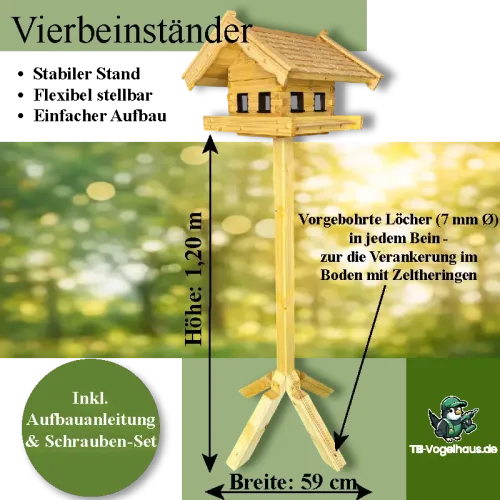 Preview: Vogelfutterhaus mit Ständer aus Massivholz Vierbeinständer