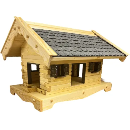 xxl-vogelhaus-groot-graue-bitumenschindeln-dunkelbraun-gebeizte-fensterlaeden-tueren-fensterzargen-ausziehboden-boden-mit-geschwungenem-rand