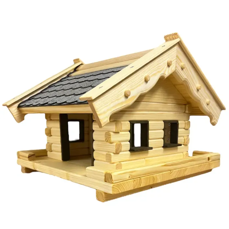 Vogelhaus Heidi mit wetterfesten Bitumenschindeln in Grau braune Fenster und Eingänge