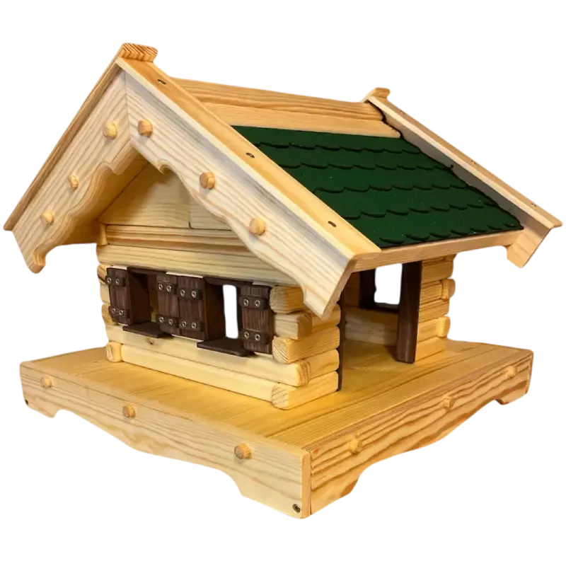 vogelhaus-heidi-mit-gruenen-bitumenschindeln-gebeizten-tuer-und-fensterzargen-fensterlaeden-und-boden-mit-geschwungenem-rand vogelhaus-heidi-mit-gruenen-bitumenschindeln-gebeizten-tuer-und-fensterzargen-fensterlaeden-und-boden-mit-geschwungenem-rand