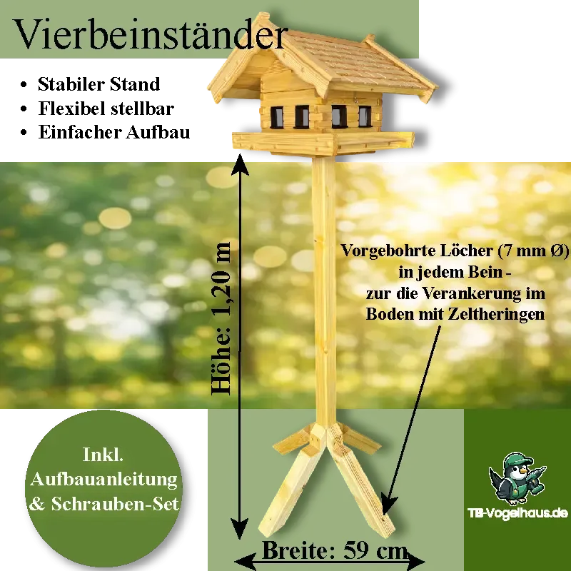 Vogelfutterhaus mit Ständer aus Massivholz Vierbeinständer