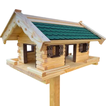 Vogelhaus im Blockhausstil mit grünen Bitumenschindeln wetterfest