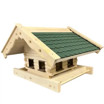 Vogelfutterhaus Maxi mit grünen Bitumenschindeln dunkelbraunen Fensterzargen